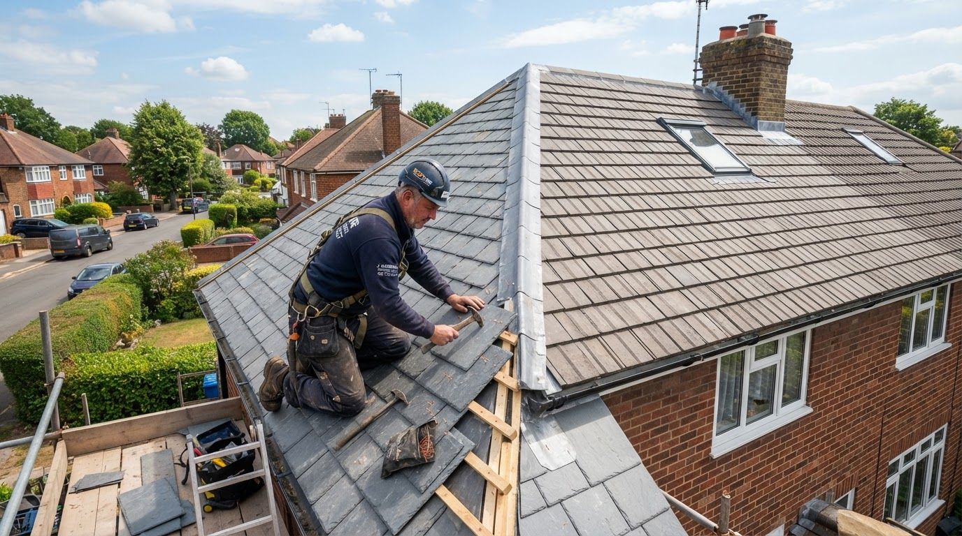 Roofer fitting new roof tiles on a semi-detached house