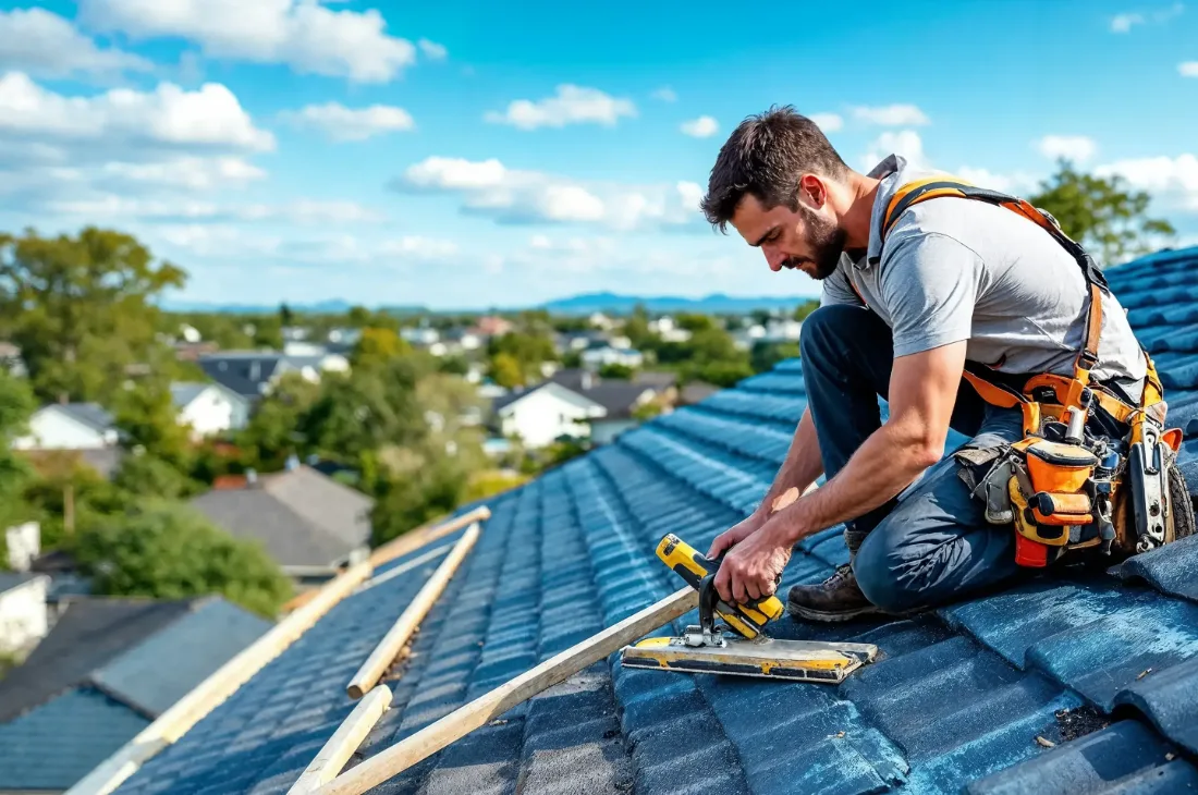 Roofer cutting tiles on a new roof