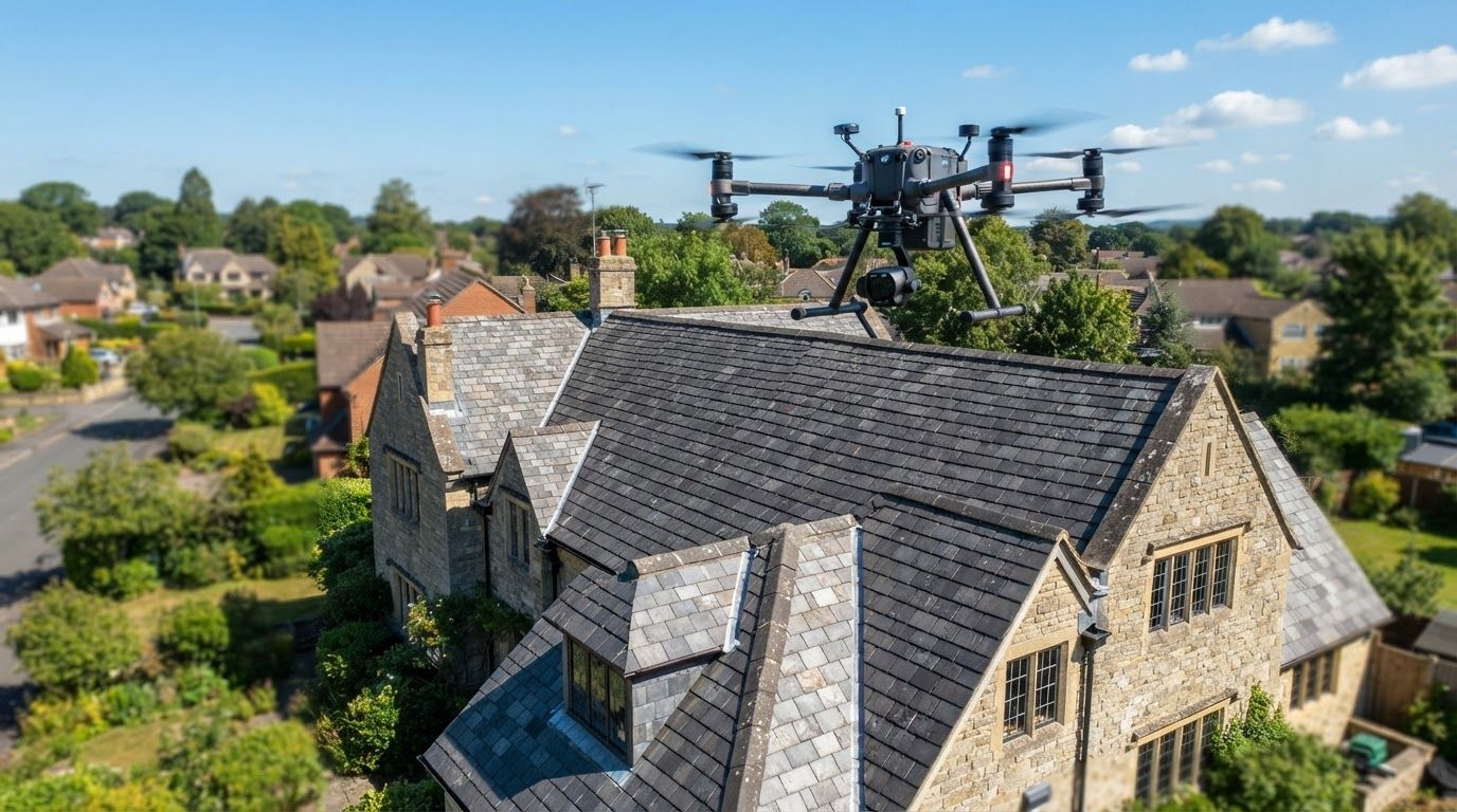 Drone surveying the roof of a stone house