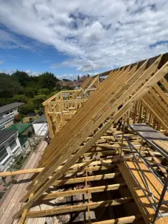 The new roof structure with the dormer framed out