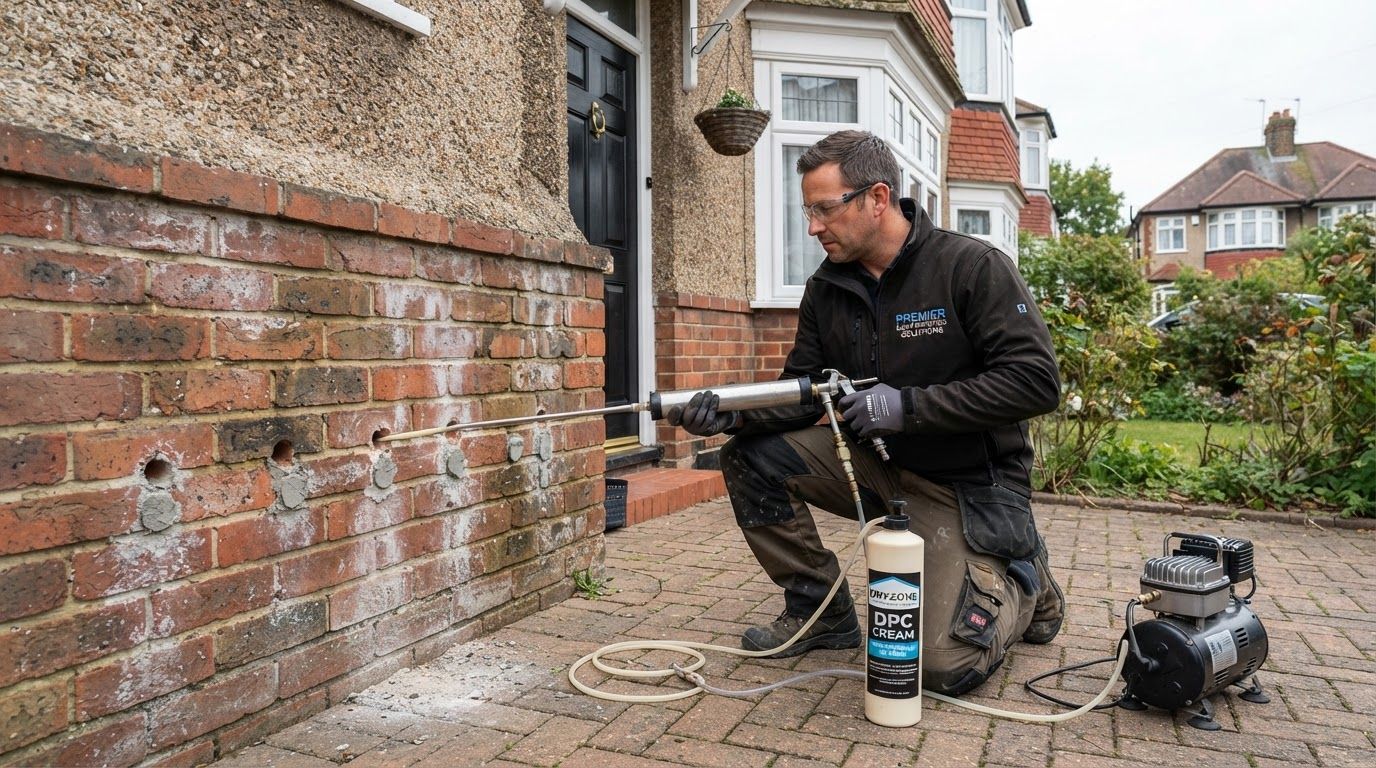 Damp-proof course cream being injected into a brick wall
