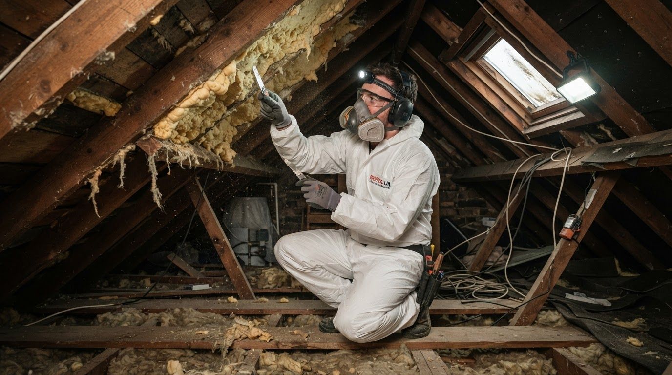 Specialist in protective clothing removing spray foam from loft rafters